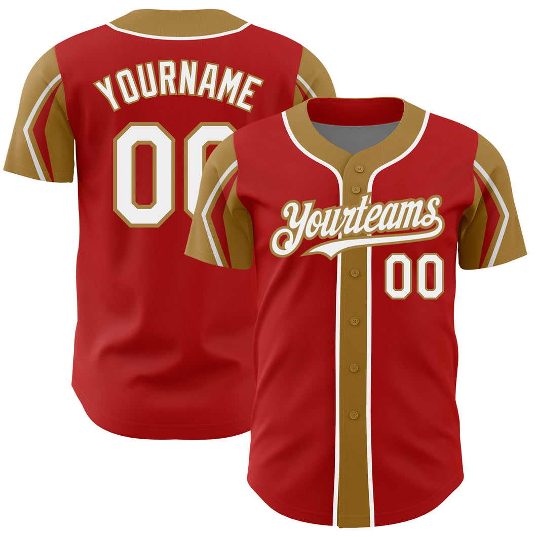 Custom Red White-Old Gold 3 Colors Arm Shapes Authentic Baseball Jersey