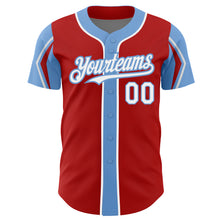 Load image into Gallery viewer, Custom Red White-Light Blue 3 Colors Arm Shapes Authentic Baseball Jersey
