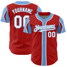 Load image into Gallery viewer, Custom Red White-Light Blue 3 Colors Arm Shapes Authentic Baseball Jersey

