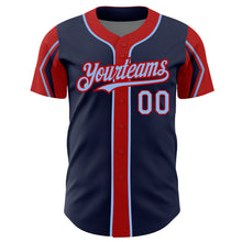 Load image into Gallery viewer, Custom Navy Light Blue-Red 3 Colors Arm Shapes Authentic Baseball Jersey
