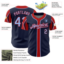 Load image into Gallery viewer, Custom Navy Light Blue-Red 3 Colors Arm Shapes Authentic Baseball Jersey
