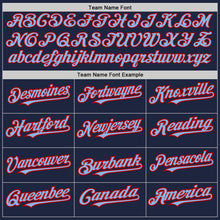 Load image into Gallery viewer, Custom Navy Light Blue-Red 3 Colors Arm Shapes Authentic Baseball Jersey
