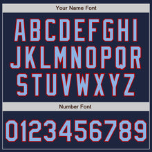 Load image into Gallery viewer, Custom Navy Light Blue-Red 3 Colors Arm Shapes Authentic Baseball Jersey
