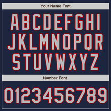 Load image into Gallery viewer, Custom Navy Gray-Red 3 Colors Arm Shapes Authentic Baseball Jersey

