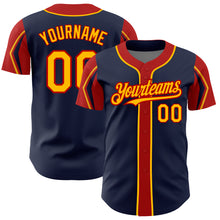 Загрузить изображение в средство просмотра галереи, Custom Navy Gold-Red 3 Colors Arm Shapes Authentic Baseball Jersey
