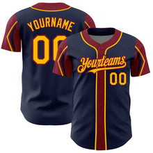 Загрузить изображение в средство просмотра галереи, Custom Navy Gold-Crimson 3 Colors Arm Shapes Authentic Baseball Jersey
