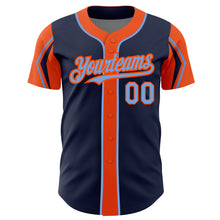 Load image into Gallery viewer, Custom Navy Powder Blue-Orange 3 Colors Arm Shapes Authentic Baseball Jersey

