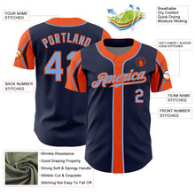 Load image into Gallery viewer, Custom Navy Powder Blue-Orange 3 Colors Arm Shapes Authentic Baseball Jersey
