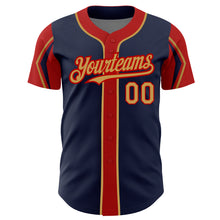 Загрузить изображение в средство просмотра галереи, Custom Navy Old Gold-Red 3 Colors Arm Shapes Authentic Baseball Jersey
