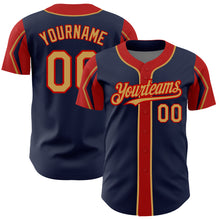 Загрузить изображение в средство просмотра галереи, Custom Navy Old Gold-Red 3 Colors Arm Shapes Authentic Baseball Jersey
