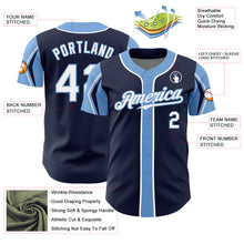 Load image into Gallery viewer, Custom Navy White-Light Blue 3 Colors Arm Shapes Authentic Baseball Jersey
