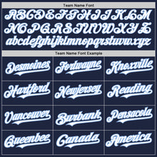 Load image into Gallery viewer, Custom Navy White-Light Blue 3 Colors Arm Shapes Authentic Baseball Jersey
