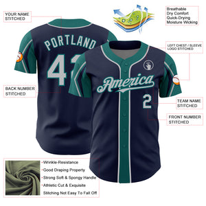 Custom Navy Gray-Teal 3 Colors Arm Shapes Authentic Baseball Jersey