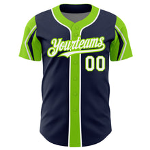 Load image into Gallery viewer, Custom Navy White-Neon Green 3 Colors Arm Shapes Authentic Baseball Jersey

