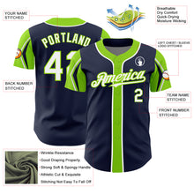 Load image into Gallery viewer, Custom Navy White-Neon Green 3 Colors Arm Shapes Authentic Baseball Jersey
