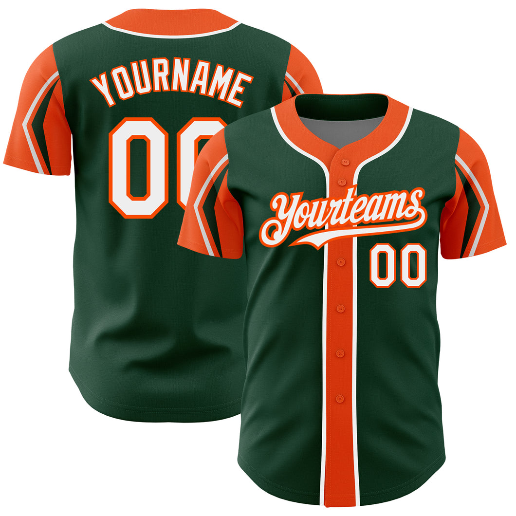 Custom Green White-Orange 3 Colors Arm Shapes Authentic Baseball Jersey