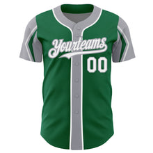 Laden Sie das Bild in den Galerie-Viewer, Custom Kelly Green White-Gray 3 Colors Arm Shapes Authentic Baseball Jersey
