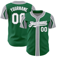 Laden Sie das Bild in den Galerie-Viewer, Custom Kelly Green White-Gray 3 Colors Arm Shapes Authentic Baseball Jersey
