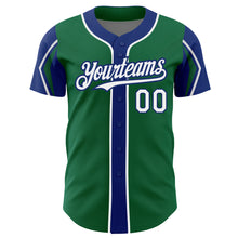 Laden Sie das Bild in den Galerie-Viewer, Custom Kelly Green White-Royal 3 Colors Arm Shapes Authentic Baseball Jersey
