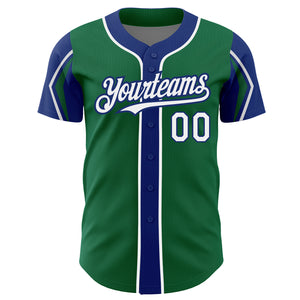 Custom Kelly Green White-Royal 3 Colors Arm Shapes Authentic Baseball Jersey