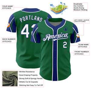 Custom Kelly Green White-Royal 3 Colors Arm Shapes Authentic Baseball Jersey