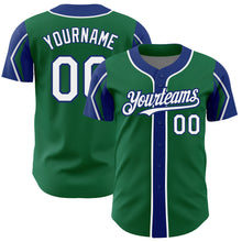Laden Sie das Bild in den Galerie-Viewer, Custom Kelly Green White-Royal 3 Colors Arm Shapes Authentic Baseball Jersey

