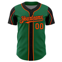 Laden Sie das Bild in den Galerie-Viewer, Custom Kelly Green Orange-Black 3 Colors Arm Shapes Authentic Baseball Jersey
