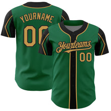 Laden Sie das Bild in den Galerie-Viewer, Custom Kelly Green Old Gold-Black 3 Colors Arm Shapes Authentic Baseball Jersey
