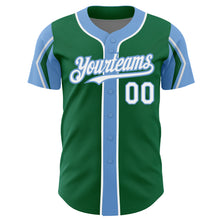 Laden Sie das Bild in den Galerie-Viewer, Custom Kelly Green White-Light Blue 3 Colors Arm Shapes Authentic Baseball Jersey
