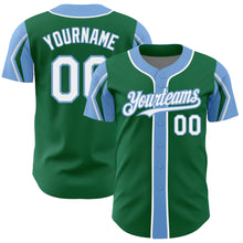 Laden Sie das Bild in den Galerie-Viewer, Custom Kelly Green White-Light Blue 3 Colors Arm Shapes Authentic Baseball Jersey
