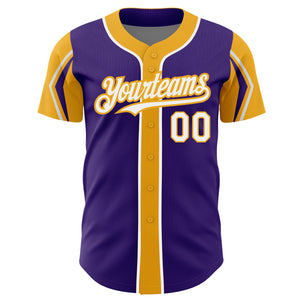 Custom Purple White-Gold 3 Colors Arm Shapes Authentic Baseball Jersey