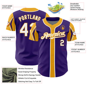 Custom Purple White-Gold 3 Colors Arm Shapes Authentic Baseball Jersey