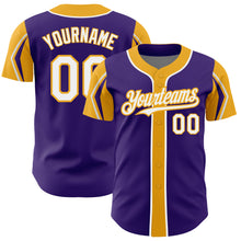 Laden Sie das Bild in den Galerie-Viewer, Custom Purple White-Gold 3 Colors Arm Shapes Authentic Baseball Jersey
