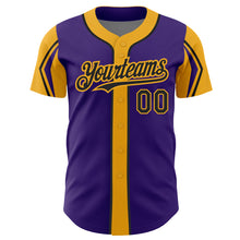 Load image into Gallery viewer, Custom Purple Black-Gold 3 Colors Arm Shapes Authentic Baseball Jersey
