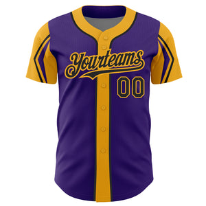 Custom Purple Black-Gold 3 Colors Arm Shapes Authentic Baseball Jersey