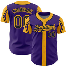 Laden Sie das Bild in den Galerie-Viewer, Custom Purple Black-Gold 3 Colors Arm Shapes Authentic Baseball Jersey
