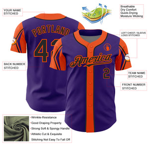 Custom Purple Black-Orange 3 Colors Arm Shapes Authentic Baseball Jersey