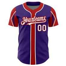 Laden Sie das Bild in den Galerie-Viewer, Custom Purple White-Red 3 Colors Arm Shapes Authentic Baseball Jersey
