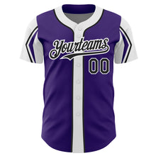 Load image into Gallery viewer, Custom Purple Black-White 3 Colors Arm Shapes Authentic Baseball Jersey

