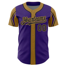 Load image into Gallery viewer, Custom Purple Black-Old Gold 3 Colors Arm Shapes Authentic Baseball Jersey
