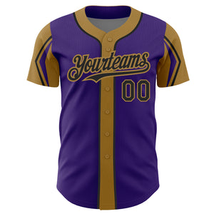 Custom Purple Black-Old Gold 3 Colors Arm Shapes Authentic Baseball Jersey