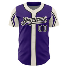 Laden Sie das Bild in den Galerie-Viewer, Custom Purple Black-Cream 3 Colors Arm Shapes Authentic Baseball Jersey
