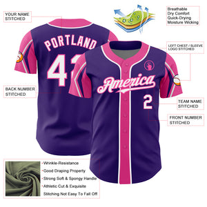 Custom Purple White-Pink 3 Colors Arm Shapes Authentic Baseball Jersey