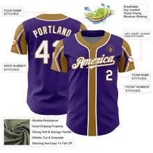 Laden Sie das Bild in den Galerie-Viewer, Custom Purple White-Old Gold 3 Colors Arm Shapes Authentic Baseball Jersey
