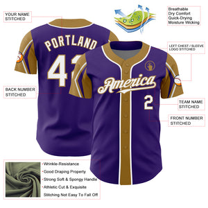 Custom Purple White-Old Gold 3 Colors Arm Shapes Authentic Baseball Jersey