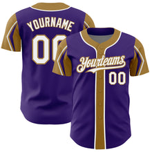 Load image into Gallery viewer, Custom Purple White-Old Gold 3 Colors Arm Shapes Authentic Baseball Jersey

