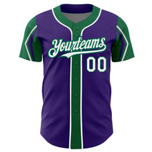 Laden Sie das Bild in den Galerie-Viewer, Custom Purple White-Kelly Green 3 Colors Arm Shapes Authentic Baseball Jersey
