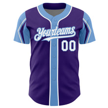 Laden Sie das Bild in den Galerie-Viewer, Custom Purple White-Light Blue 3 Colors Arm Shapes Authentic Baseball Jersey
