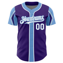 Load image into Gallery viewer, Custom Purple White-Light Blue 3 Colors Arm Shapes Authentic Baseball Jersey
