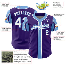 Load image into Gallery viewer, Custom Purple White-Light Blue 3 Colors Arm Shapes Authentic Baseball Jersey
